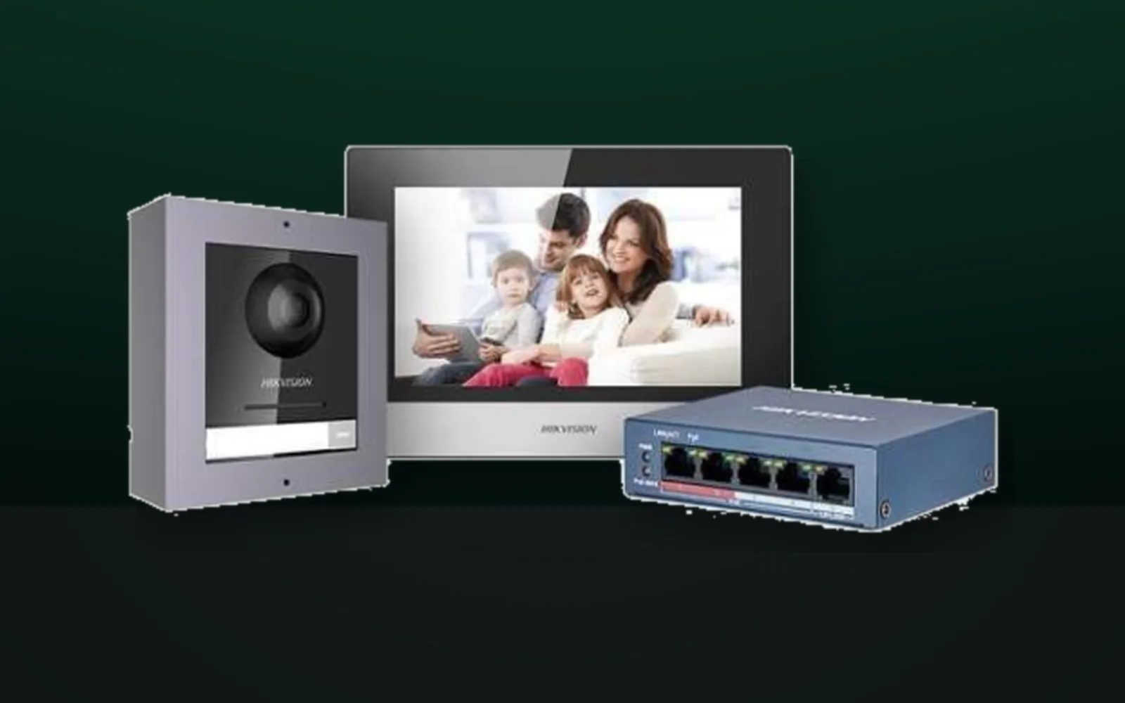 Hikvision Generation 2 IP intercom with door station, touchscreen and network hardware