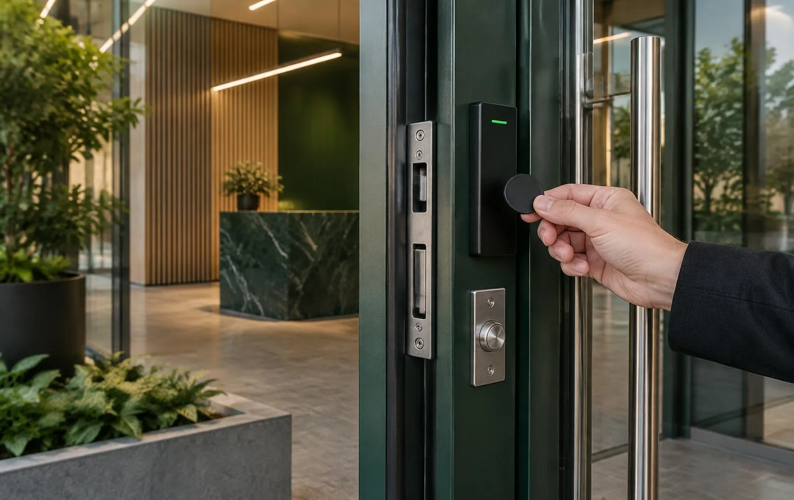 Access control reader, electric strike and key fob at a commercial door