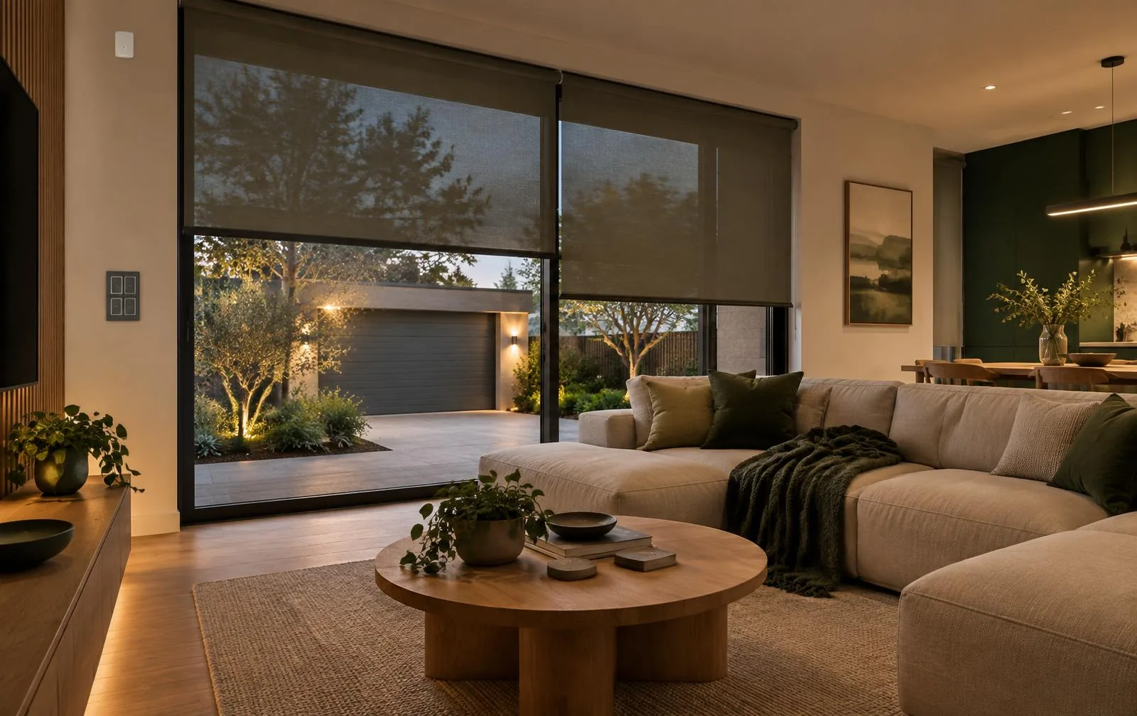 Connected home with automated roller blinds, lighting and garage access